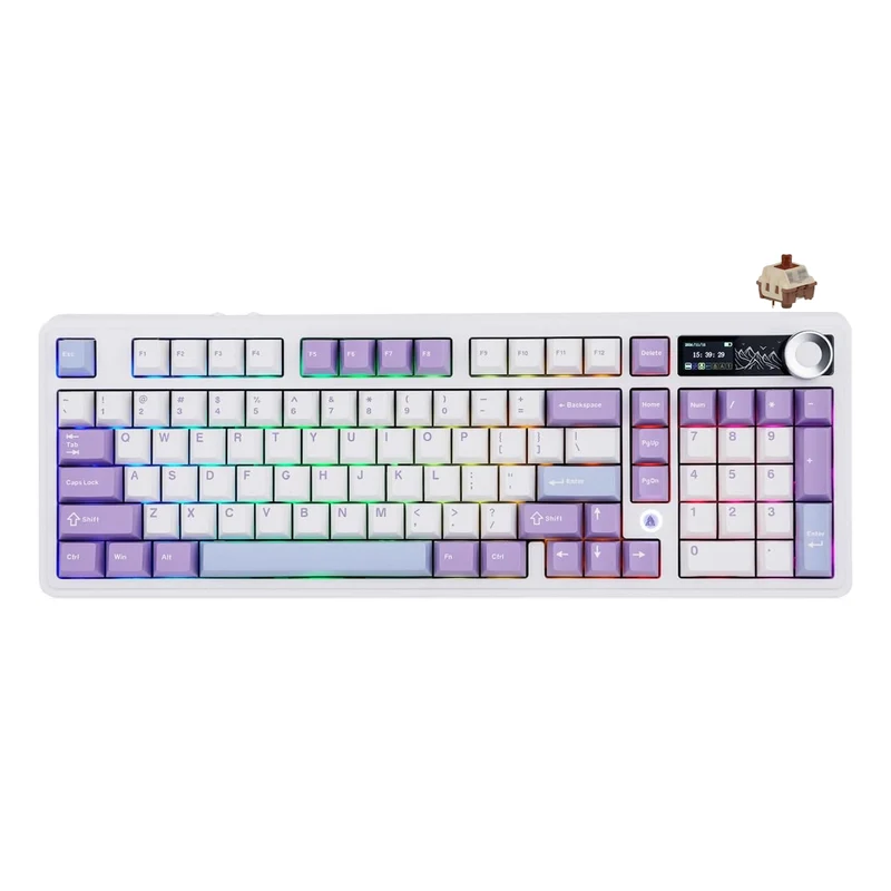 Ajazz AK980 V2 RGB Tri-Mode 98% 97-Keys Gasket-Mounted Hot-Swappable Mechanical Keyboard with 1.14" TFT Display Screen & Knob (Purple/White/Blue) (Maillard Switch)