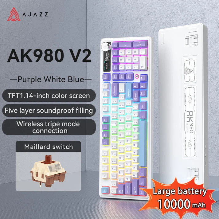 Ajazz AK980 V2 RGB Tri-Mode 98% 97-Keys Gasket-Mounted Hot-Swappable Mechanical Keyboard with 1.14" TFT Display Screen & Knob (Purple/White/Blue) (Maillard Switch)