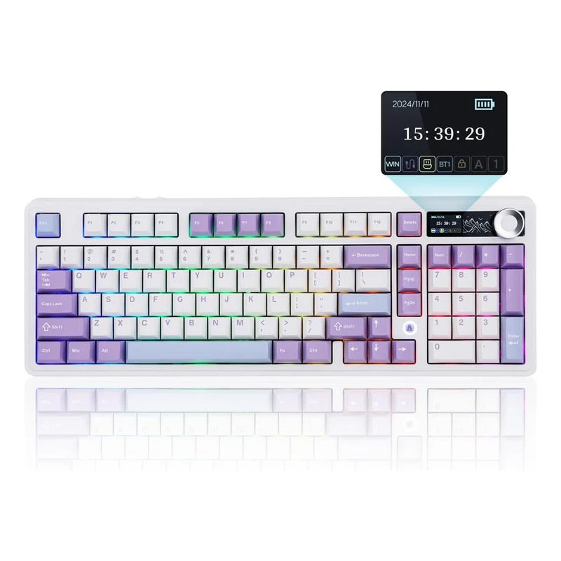 Ajazz AK980 V2 RGB Tri-Mode 98% 97-Keys Gasket-Mounted Hot-Swappable Mechanical Keyboard with 1.14" TFT Display Screen & Knob (Purple/White/Blue) (Maillard Switch)