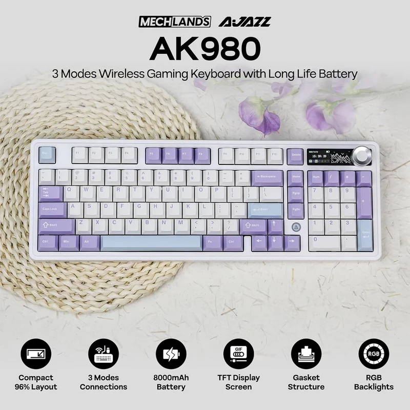 Ajazz AK980 V2 RGB Tri-Mode 98% 97-Keys Gasket-Mounted Hot-Swappable Mechanical Keyboard with 1.14" TFT Display Screen & Knob (Purple/White/Blue) (Maillard Switch)
