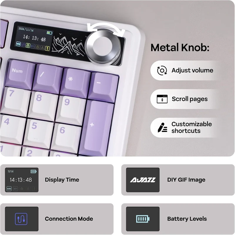 Ajazz AK980 V2 RGB Tri-Mode 98% 97-Keys Gasket-Mounted Hot-Swappable Mechanical Keyboard with 1.14" TFT Display Screen & Knob (Purple/White/Blue) (Maillard Switch)