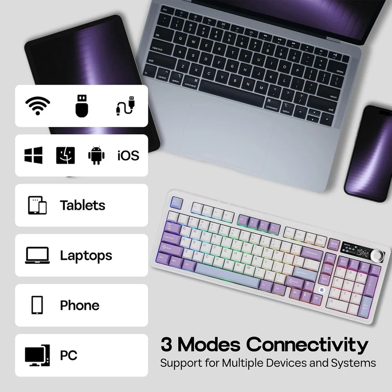 Ajazz AK980 V2 RGB Tri-Mode 98% 97-Keys Gasket-Mounted Hot-Swappable Mechanical Keyboard with 1.14" TFT Display Screen & Knob (Purple/White/Blue) (Maillard Switch)