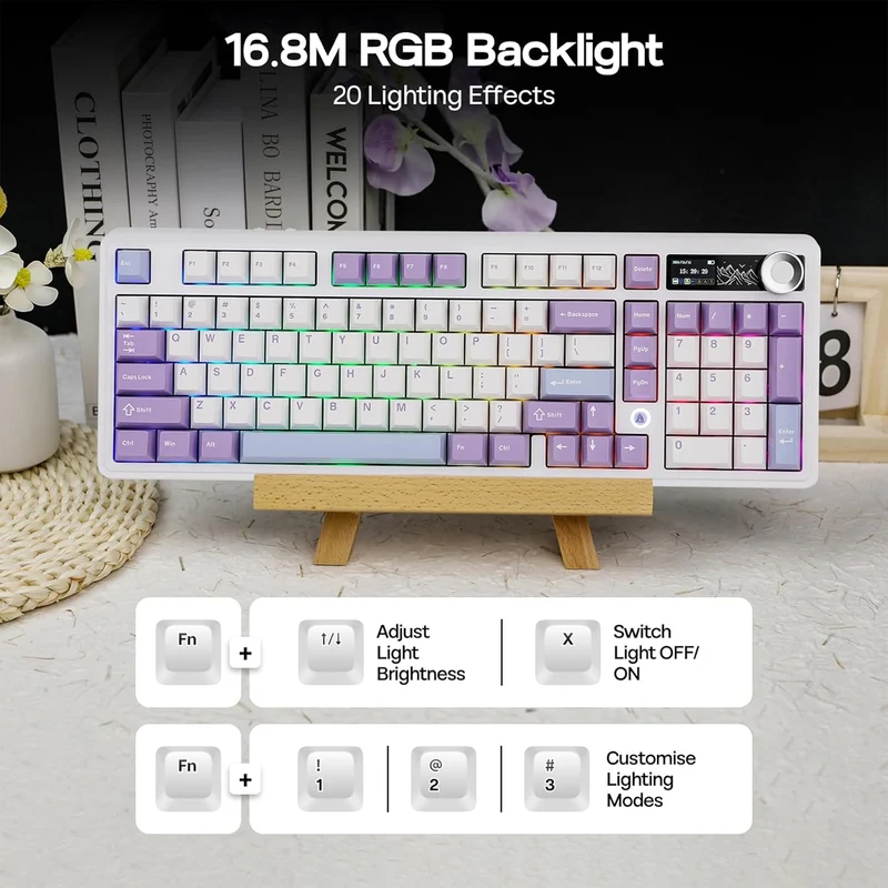 Ajazz AK980 V2 RGB Tri-Mode 98% 97-Keys Gasket-Mounted Hot-Swappable Mechanical Keyboard with 1.14" TFT Display Screen & Knob (Purple/White/Blue) (Maillard Switch)