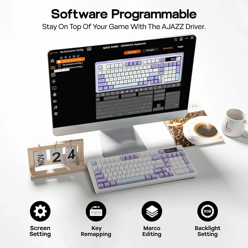 Ajazz AK980 V2 RGB Tri-Mode 98% 97-Keys Gasket-Mounted Hot-Swappable Mechanical Keyboard with 1.14" TFT Display Screen & Knob (Purple/White/Blue) (Maillard Switch)