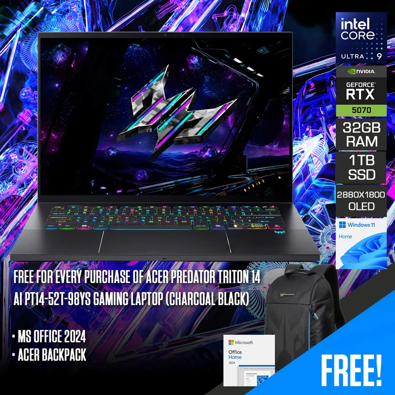 Acer Predator Triton 14 AI PT14-52T-98YS Gaming Laptop (Charcoal Black) | 14.5" WQXGA (2880x1800) 120Hz OLED | Intel Core Ultra 9 288V | 32GB RAM | 1TB SSD | RTX 5070 | Windows 11 Home | MS Office 2024 + Acer Backpack