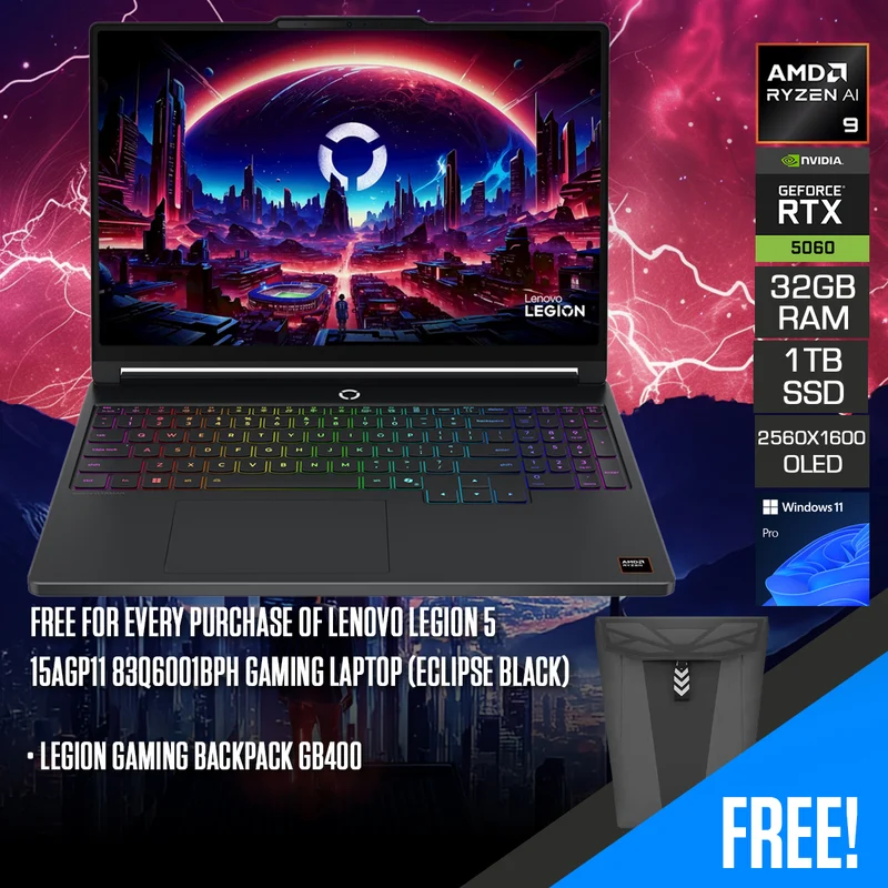 Lenovo Legion 5 15AGP11 83Q6001BPH Gaming Laptop (Eclipse Black) | 15.3" WQXGA (2560x1600) OLED 165Hz | Ryzen AI 9 465 | 32GB RAM | 1TB SSD | RTX 5060 | Windows 11 Pro | Legion Gaming Backpack GB400