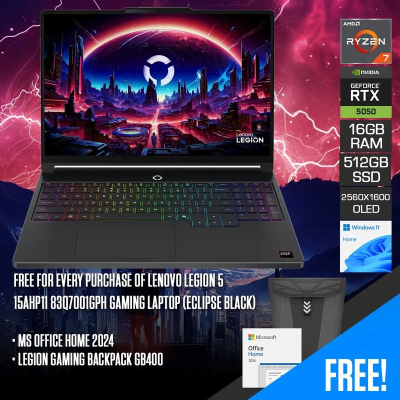Lenovo Legion 5 15AHP11 83Q7001GPH Gaming Laptop (Eclipse Black) | 15.3" WQXGA (2560x1600) OLED 165Hz | Ryzen 7 250 | 16GB RAM | 512GB SSD | RTX 5050 | Windows 11 Home | MS Office Home 2024 + Legion Gaming Backpack GB400