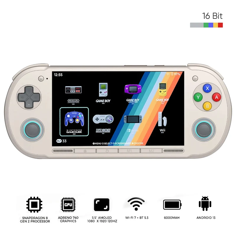 Retroid Pocket 6 Snapdragon 8 Gen 2 5.5" AMOLED (1080x1920) 120Hz 12GB + 128GB Stick Top Android Handheld Gaming System (16Bit)