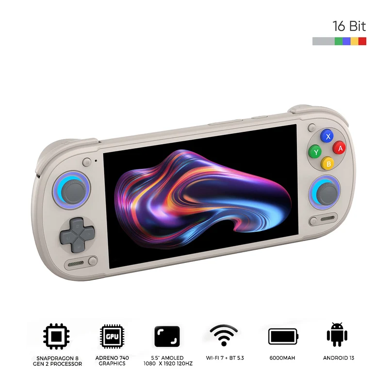 Retroid Pocket 6 Snapdragon 8 Gen 2 5.5" AMOLED (1080x1920) 120Hz 12GB + 128GB Stick Top Android Handheld Gaming System (16Bit)