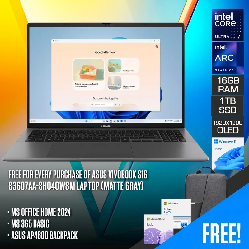 ASUS Vivobook S16 S3607AA-SH040WSM Laptop (Matte Gray) | 16" WUXGA (1920x1200) 60Hz OLED | Core Ultra 7 355 | 16GB RAM | 1TB SSD | Intel Graphics | Windows 11 Home | MS Office Home 2024 + MS 365 Basic + ASUS AP4600 Backpack