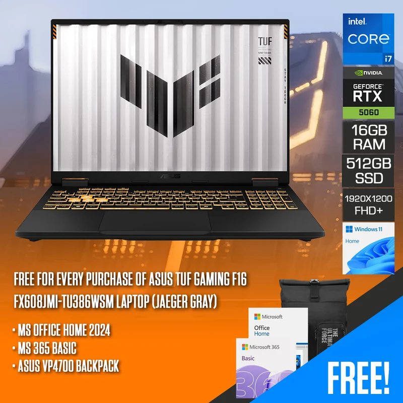 ASUS TUF Gaming F16 FX608JMI-TU386WSM Laptop (Jaeger Gray) | 16" FHD+ (1920x1200) 144Hz IPS | Core i7 14650HX | 16GB RAM | 512GB SSD | RTX 5060 | Windows 11 Home | MS Office Home 2024 + MS 365 Basic + ASUS VP4700 Backpack