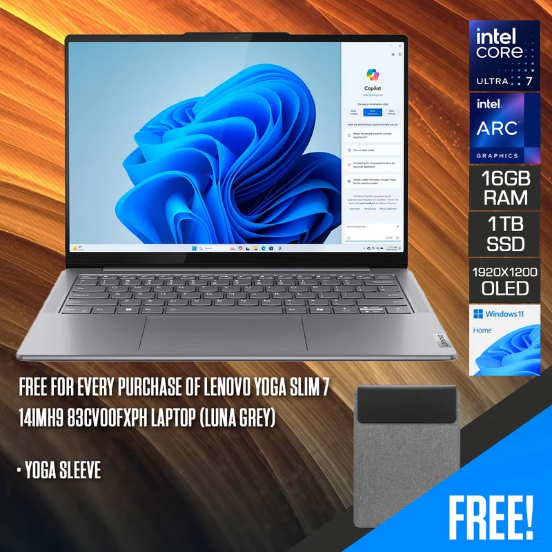 Lenovo Yoga Slim 7 14IMH9 83CV00FXPH Laptop (Luna Grey) | 14" WUXGA (1920x1200) OLED | Core Ultra 7 155H | 16GB RAM | 1TB SSD | Intel Arc Graphics | Windows 11 Home | Yoga Sleeve