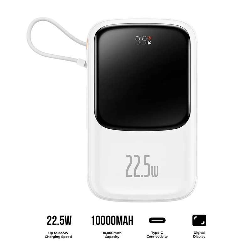Baseus Qpow Pro Digital Display Fast Charge Power Bank Type-C Edition 10000mAh 22.5W (White Overseas Editon) (PPQD060102)