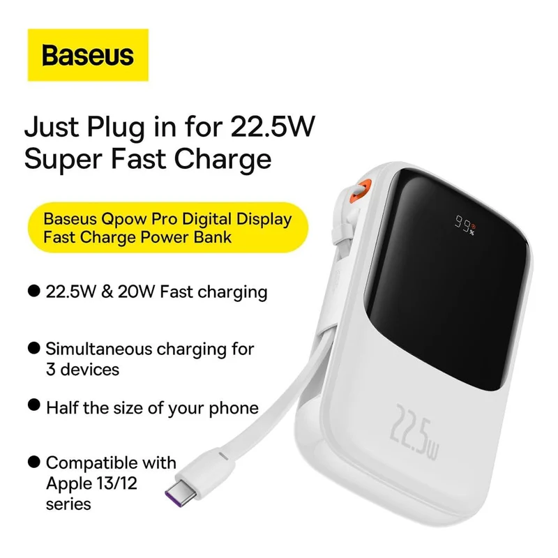 Baseus Qpow Pro Digital Display Fast Charge Power Bank Type-C Edition 10000mAh 22.5W (White Overseas Editon) (PPQD060102)