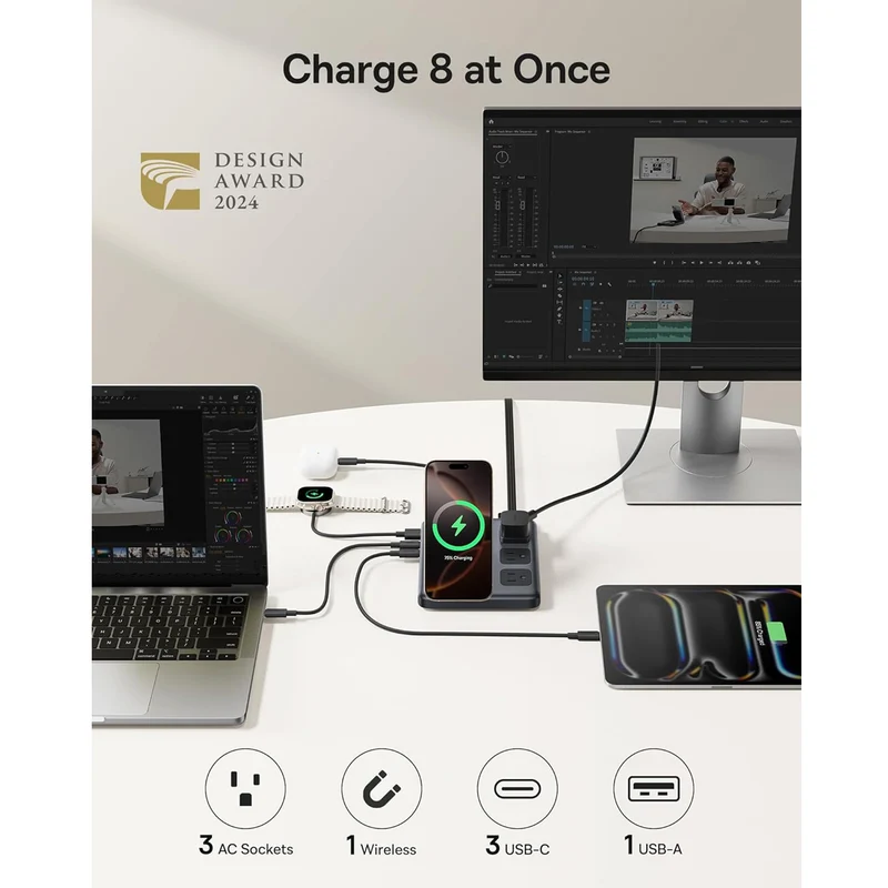 Baseus Nomos 8-in-1 Slim Charging Station Qi2 3AC+1U+3C+ Magnetic Wireless 67W 1.5m (Cosmic Black) (E00078800123-00)