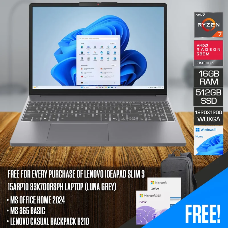 Lenovo IdeaPad Slim 3 15ARP10 83K700RSPH Laptop (Luna Grey) | 15.3" WUXGA (1920x1200) IPS | Ryzen 7 170 | 16GB RAM | 512GB SSD | AMD Radeon 680M Graphics | Windows 11 Home | MS Office Home 2024 + MS 365 Basic + Lenovo Casual Backpack B210