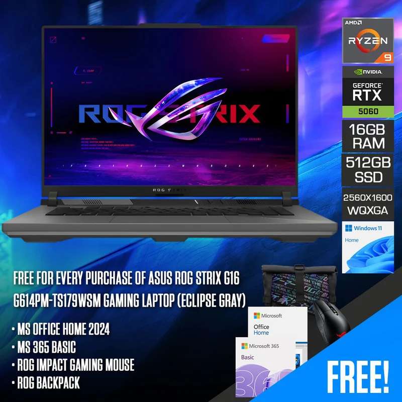 ASUS ROG Strix G16 G614PM-TS179WSM Gaming Laptop (Eclipse Gray) | 16" 2.5K (2560x1600) 300Hz IPS | Ryzen 9 8940HX | 16GB RAM | 512GB SSD | RTX 5060 | Windows 11 Home | MS Office Home 2024 + MS 365 Basic + ROG Impact Gaming Mouse + ROG Backpack