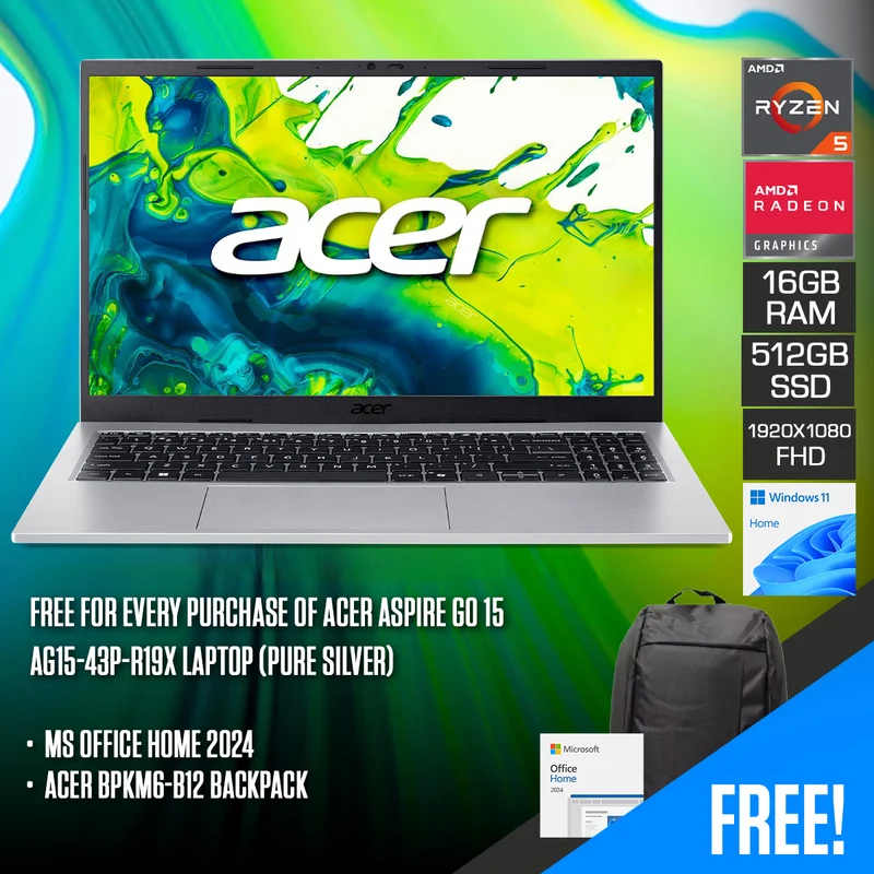 Acer Aspire Go 15 AG15-43P-R19X Laptop (Pure Silver) | 15.6" FHD (1920x1080) IPS | Ryzen 5-7640HS | 16GB RAM | 512GB SSD | AMD Radeon 680M Graphics | Windows 11 Home | MS Office Home 2024 + Acer BPKM6-B12 Backpack