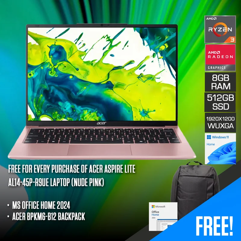 Acer Aspire Lite AL14-45P-R9UE Laptop (Nude Pink) | 14" WUXGA (1920x1200) IPS | Ryzen 3-5400U | 8GB RAM | 512GB SSD | AMD Radeon Graphics | Windows 11 Home | MS Office Home 2024 + Acer BPKM6-B12 Backpack