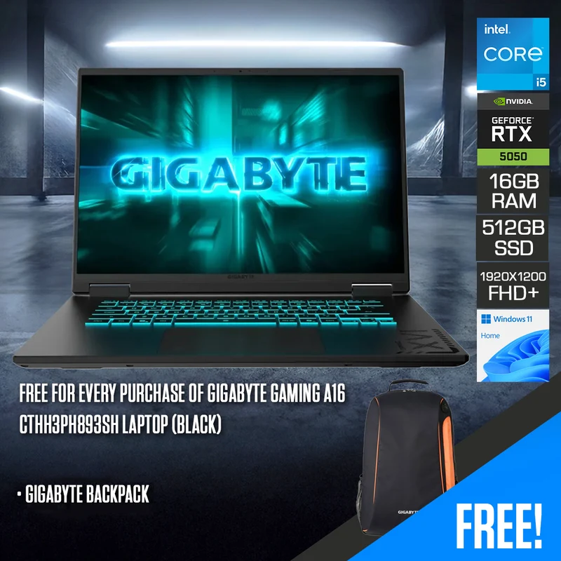 Gigabyte Gaming A16 CTHH3PH893SH Laptop (Black) | 16" FHD+ (1920x1200) 165Hz | i5-13420H | 16GB RAM | 512GB SSD | RTX 5050 8GB | Windows 11 Home | Gigabyte Backpack
