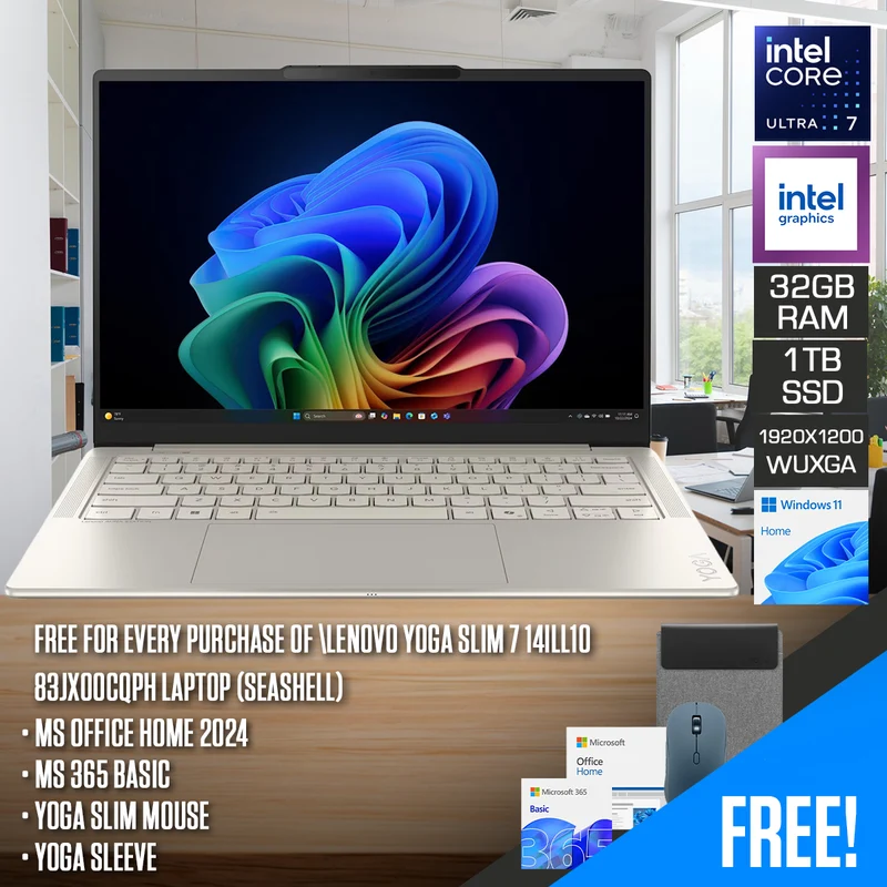 Lenovo Yoga Slim 7 14ILL10 83JX00CQPH Laptop (Seashell) | 14" WUXGA (1920x1200) OLED | Core Ultra 7 258V | 32GB RAM | 1TB SSD | Intel Arc Graphics 140V | Windows 11 Home | MS Office Home 2024 + MS 365 Basic + Yoga Slim Mouse + Yoga Sleeve