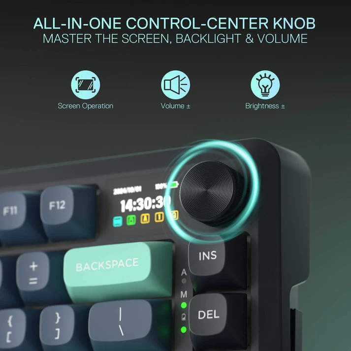Redragon Behemoth K724GBG-RGB-PRO Tri-Mode Gasket Mounted Mechanical Keyboard with LCD Screen (Grey/Blue/Green) (Yolk RPC Linear Switch)