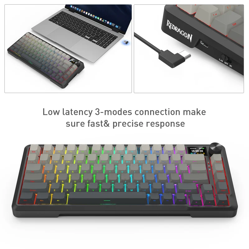 Redragon Behemoth K724SP-RGB-PRO Tri-Mode Gasket Mounted Mechanical Keyboard with LCD Screen (Gradient Grey) (Yolk RPC Linear Switch)