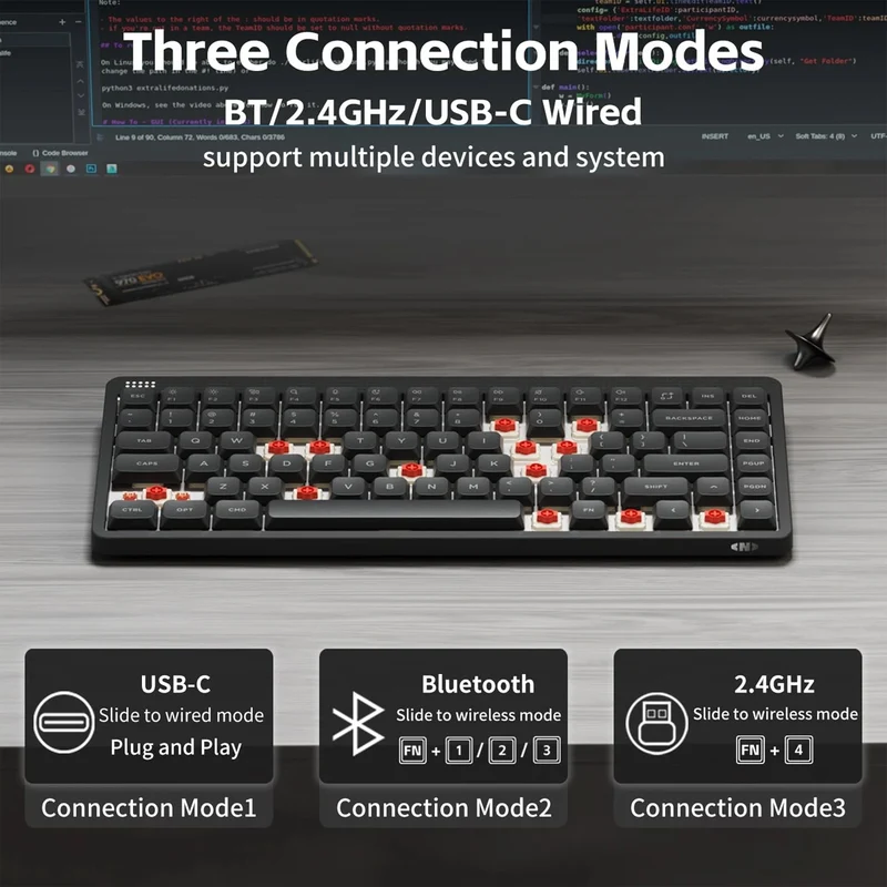 NuPhy Node75 Low-Profile Hot-Swappable 75% Wireless Mechanical Keyboard (Ink Gray) (Blush Nano Switch)