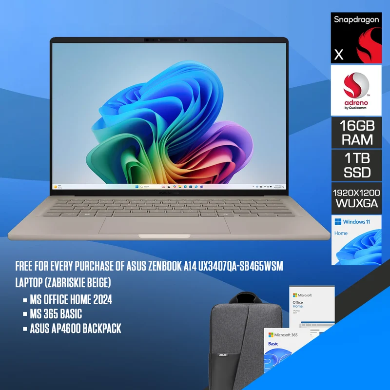 ASUS Zenbook A14 UX3407QA-SB465WSM Laptop (Zabriskie Beige) | 14 WUXGA (1920x1200) IPS | Snapdragon X X1 26 100 | 16GB RAM | 1TB SSD | Qualcomm Adreno GPU | Windows 11 Home | MS Office Home 2024 + MS 365 Basic + ASUS AP4600 Backpack