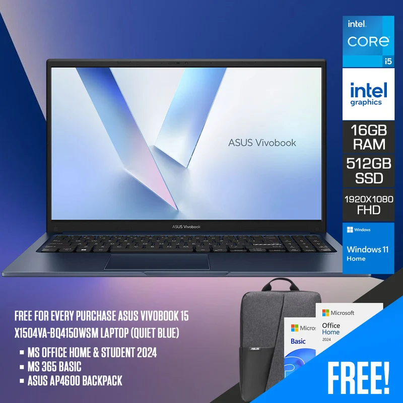 ASUS Vivobook 15 X1504VA-BQ4150WSM Laptop (Quiet Blue) | 15.6" FHD (1920x1080) | i5-120U | 16GB RAM | 512GB SSD | Intel Graphics | Windows 11 Home | MS Office Home & Student 2024 + MS 365 Basic + Asus AP4600 Backpack
