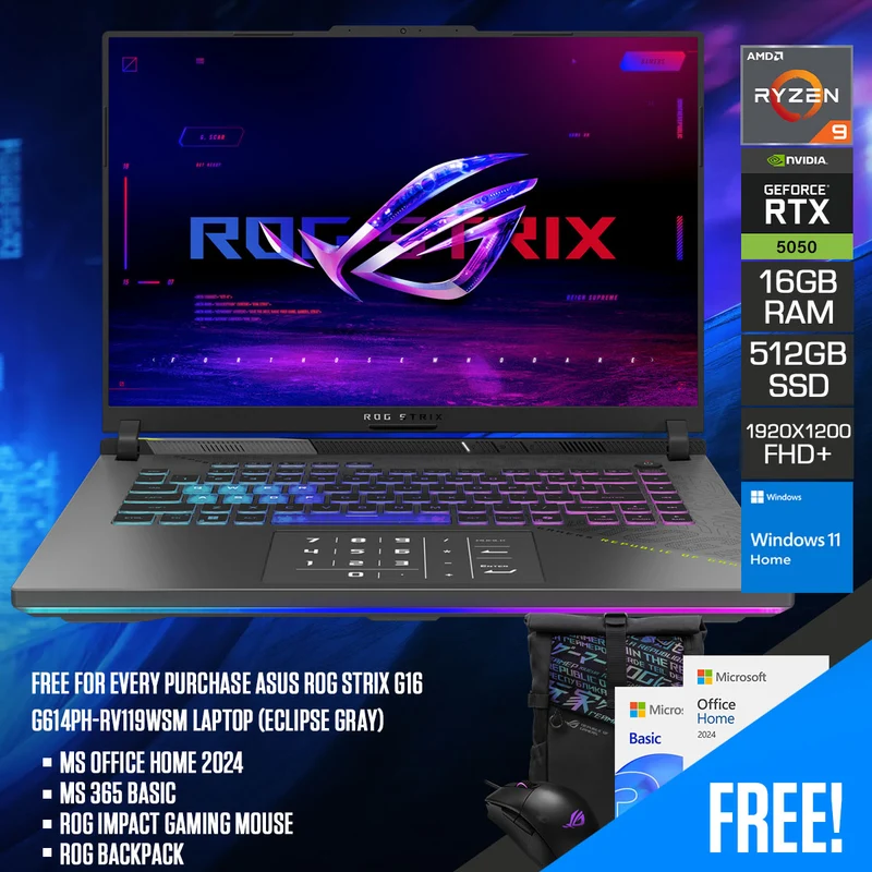 ASUS ROG Strix G16 G614PH-RV119WSM Laptop (Eclipse Gray) | 16" FHD+ (1920x1200) 165Hz IPS | Ryzen 9 8940HX | 16GB RAM | 512GB SSD | RTX 5050 | Windows 11 Home | MS Office Home 2024 + MS 365 Basic + ROG Impact Gaming Mouse + ROG Backpack