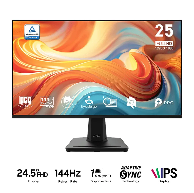 MSI Pro MP251 E14L 24.5" FHD (1920x1080) 144Hz 1ms (MPRT) / 4ms (GtG) IPS Adaptive-Sync Business Productivity Monitor with Tilt Adjustment