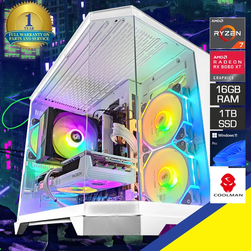Aurora Spectra White Desktop Gaming PC | AMD Ryzen 7 7700 | 16GB RAM | 1TB SSD | RX 9060 XT | Windows 11 Pro