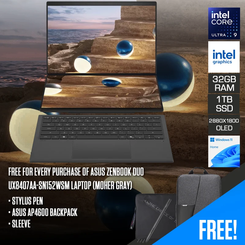 ASUS Zenbook Duo UX8407AA-SN152WSM Laptop (Moher Gray) | 14" 3K (2880x1800) OLED 144Hz | Core Ultra 9 386H | 32GB RAM | 1TB SSD | Intel Graphics | Windows 11 Home | Stylus Pen + ASUS AP4600 Backpack + Sleeve