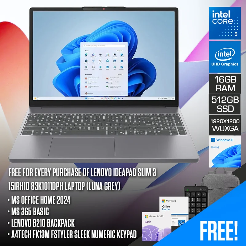 Lenovo IdeaPad Slim 3 15IRH10 83K1011DPH Laptop (Luna Grey) | 15.3" WUXGA (1920x1200) IPS | Core i5-13420H | 16GB RAM | 512GB SSD | Intel UHD Graphics | Win 11 Home | MS Office Home 2024 + MS 365 Basic + Lenovo B210 Backpack +A4Tech Fstyler Numeric Keypad