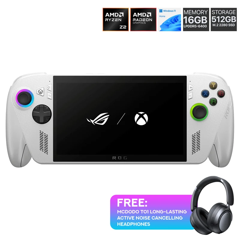 Asus ROG Xbox Ally RC73YA-NH007W Gaming Handheld PC (Gardenia White) | 7" FHD (1920x1080) 16:9 Touch Screen 120Hz IPS | Ryzen Z2 A | 16GB RAM | 512GB SSD | AMD Radeon Graphics | Windows 11 Home + Mcdodo T01 Long-lasting Active Noise Cancelling Headphones