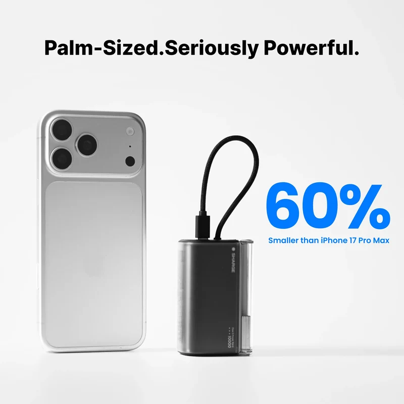 Sharge Flow 3 Power Bank 10000mAh 45W with Built-in USB-C Cable (P3) (Black, White)