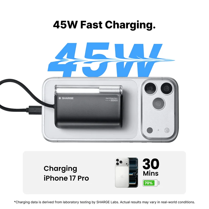 Sharge Flow 3 Power Bank 10000mAh 45W with Built-in USB-C Cable (P3) (Black, White)