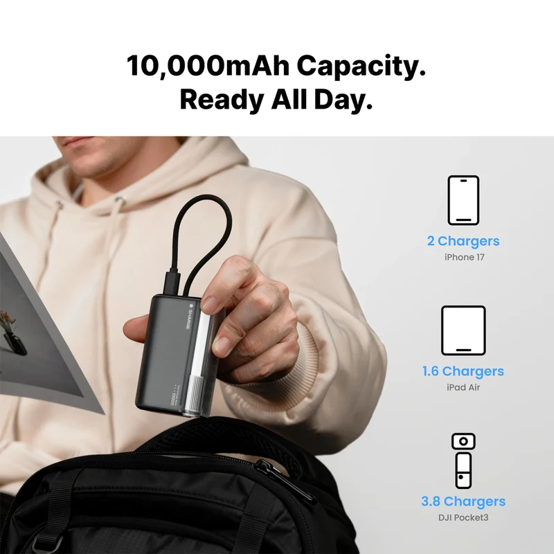 Sharge Flow 3 Power Bank 10000mAh 45W with Built-in USB-C Cable (P3) (Black, White)
