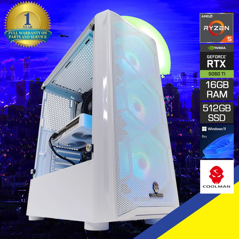 Sigma Aurora White Desktop Gaming PC | AMD Ryzen 5 5600 | 16GB RAM | 512GB SSD | RTX 5060 | Windows 11 Pro