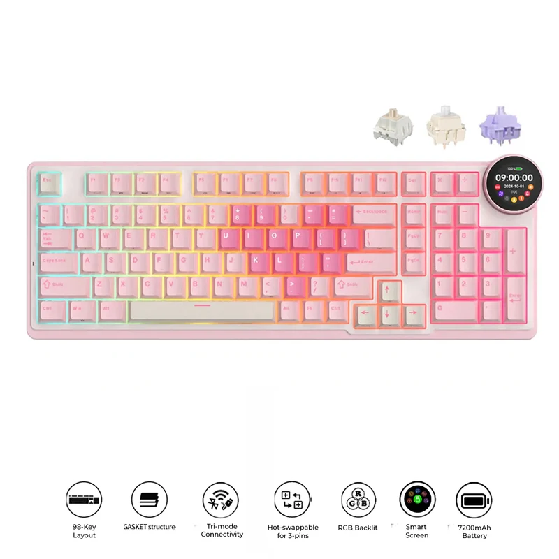 Royal Kludge RK-N99 Tri-Mode RGB 98 Keys Hot Swappable Mechanical Keyboard Pink Melody (Violet Switch, Cream Switch, Beige Switch)