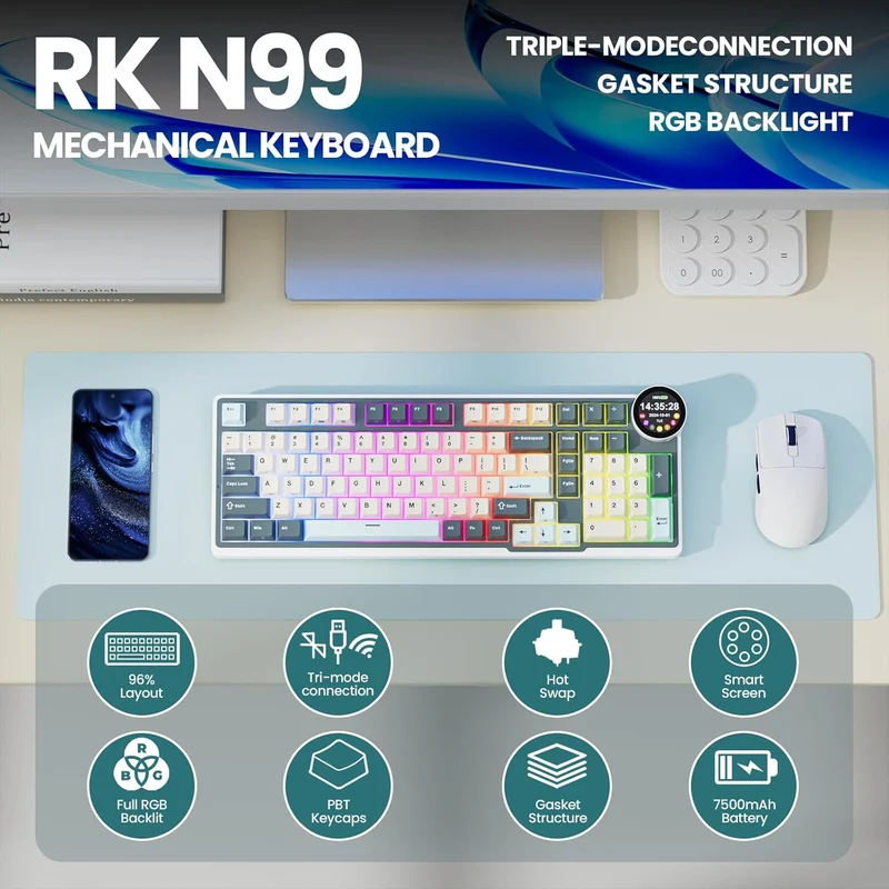 Royal Kludge RK-N99 Tri-Mode RGB 98 Keys Hot Swappable Mechanical Keyboard Moon (Cream Switch, Beige Switch, Violet Switch)