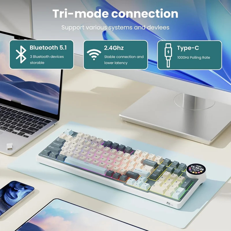 Royal Kludge RK-N99 Tri-Mode RGB 98 Keys Hot Swappable Mechanical Keyboard Moon (Cream Switch, Beige Switch, Violet Switch)