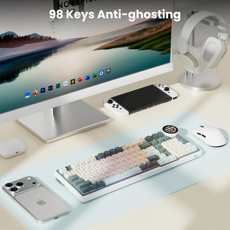 Royal Kludge RK-N99 Tri-Mode RGB 98 Keys Hot Swappable Mechanical Keyboard Moon (Cream Switch, Beige Switch, Violet Switch)