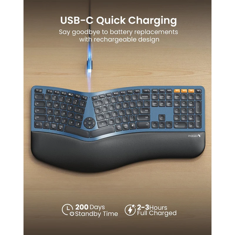 ProtoArc EK01 Plus Dual Mode Full Size Backlit Ergonomic Split Keyboard (Black/Blue) (CP015663)