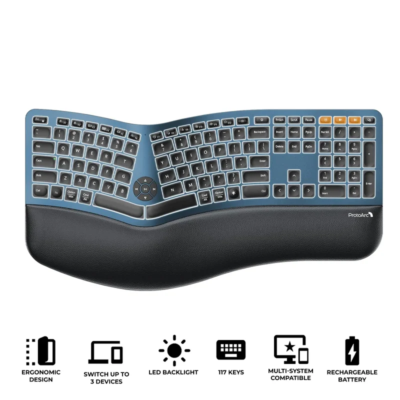 ProtoArc EK01 Plus Dual Mode Full Size Backlit Ergonomic Split Keyboard (Black/Blue) (CP015663)