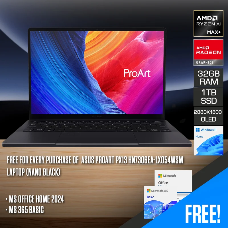 Asus ProArt PX13 HN7306EA-LX054WSM Laptop (Nano Black) | 13.3" 3K (2880x1800) OLED 60Hz | Ryzen AI Max+ 395 | 32GB RAM | 1TB SSD | AMD Radeon Graphics | Windows 11 Home | MS Office Home 2024 + MS 365 Basic