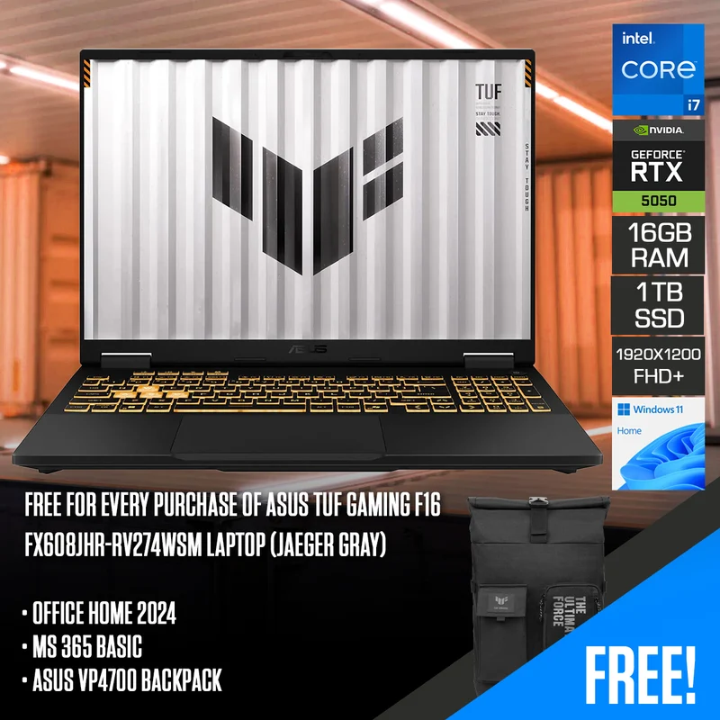 ASUS TUF Gaming F16 FX608JHR-RV274WSM Laptop (Jaeger Gray) | 16" FHD+ (1920x1200) 165Hz IPS | Core i7-14650HX | 16GB RAM | 1TB SSD | RTX 5050 | Windows 11 Home | MS Office Home 2024 + MS 365 Basic + ASUS VP4700 Backpack