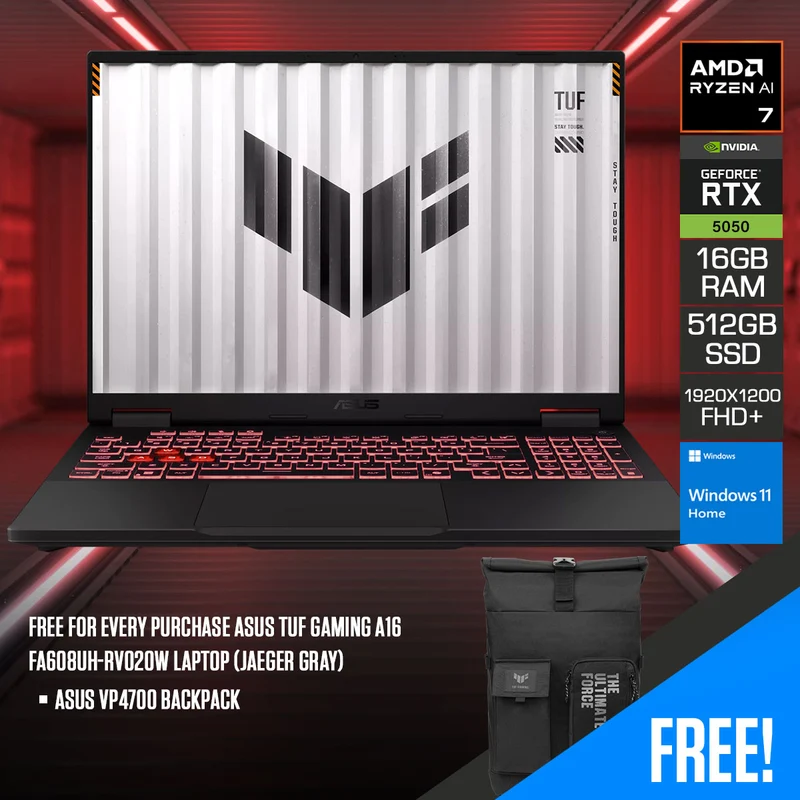 ASUS TUF Gaming A16 FA608UH-RV020W Laptop (Jaeger Gray) | 16" FHD+ (1920x1200) 165Hz IPS | Ryzen 7 260 | 16GB RAM | 512GB SSD | RTX 5050 | Windows 11 Home + ASUS VP4700 Backpack