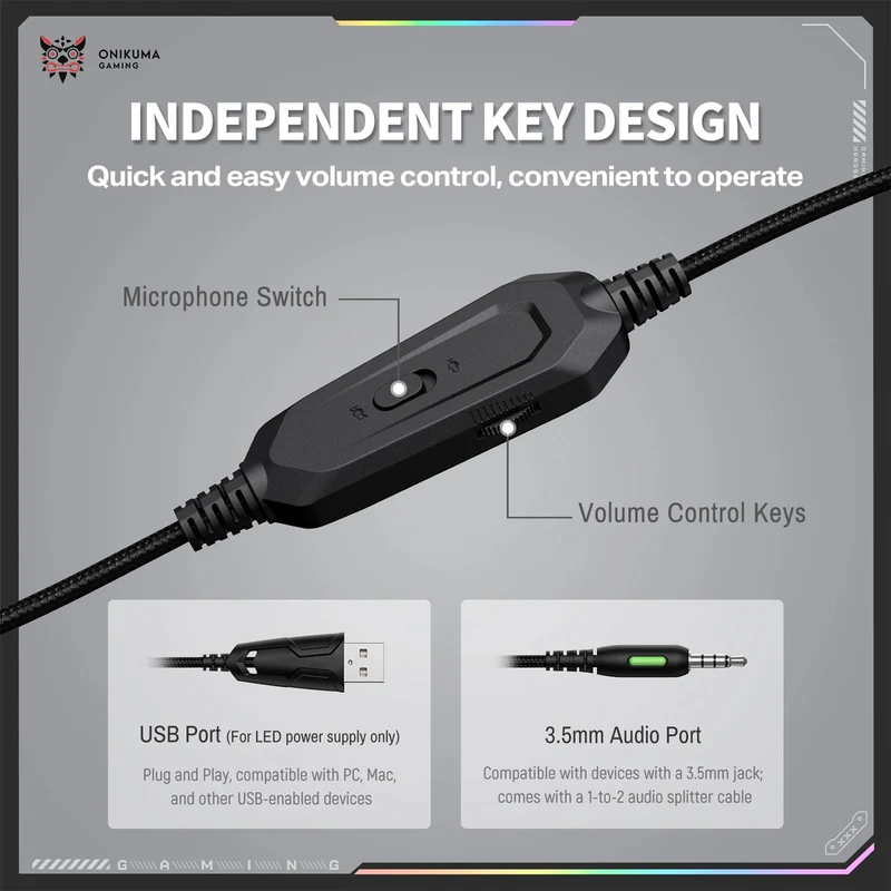 Onikuma X91 RGB Lightweight Gaming Headphone with Microphone (Black, Black/White)